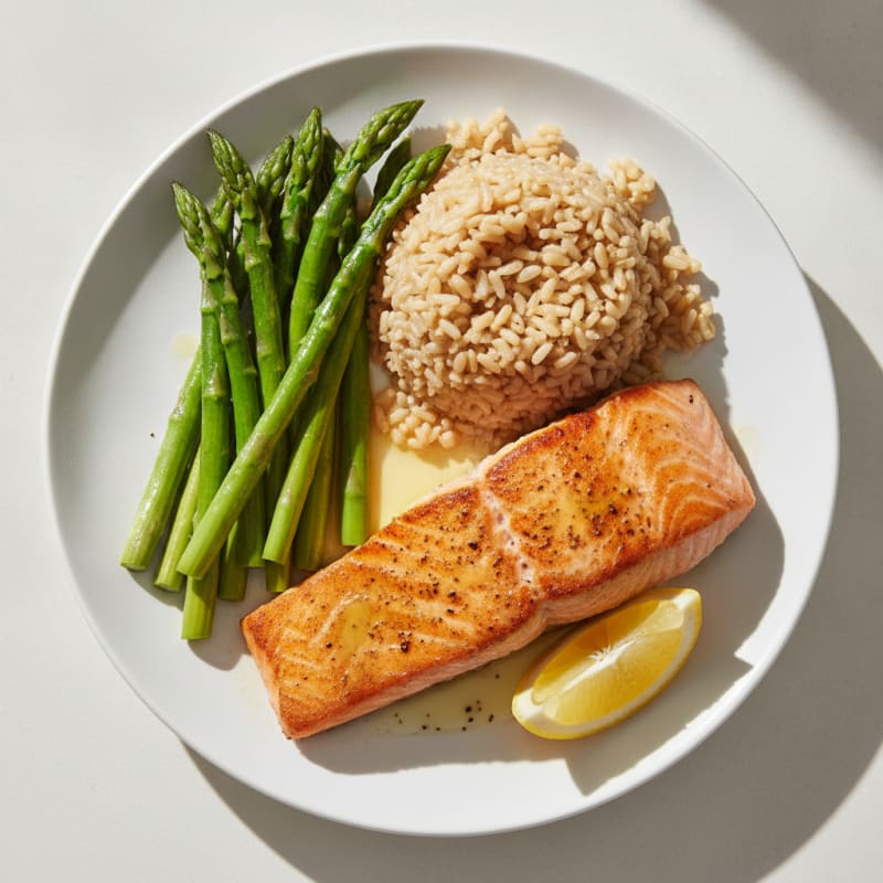 Seared Salmon with Steamed Asparagus and Brown Rice
