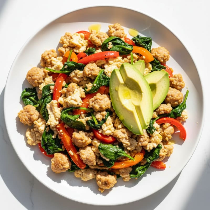 Egg White and Turkey Sausage Scramble with Spinach and Bell Peppers