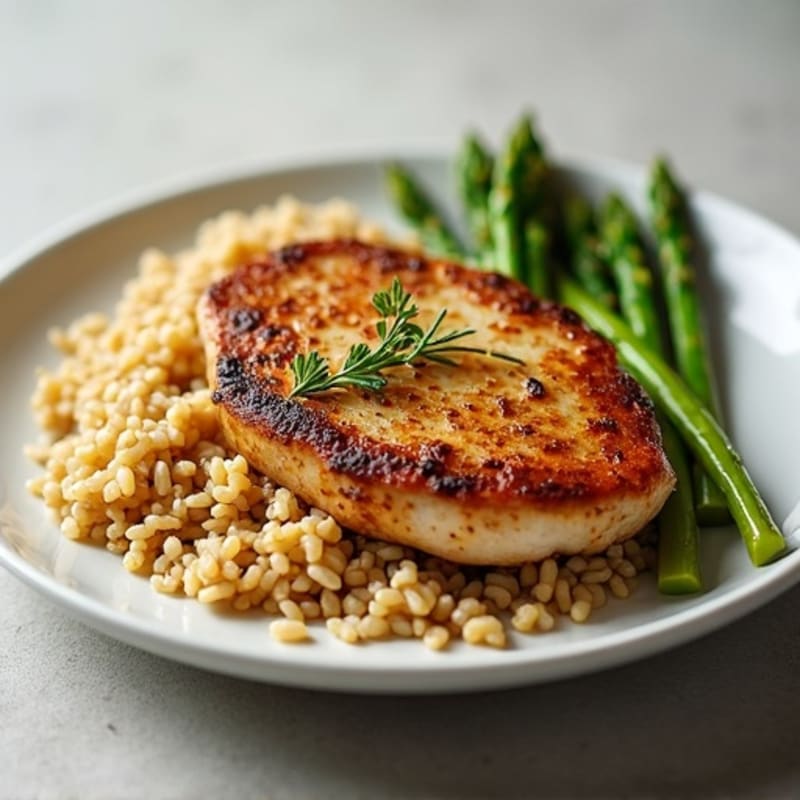 Pan-Seared Pork Chop with Garlic Brown Rice and Roasted Asparagus