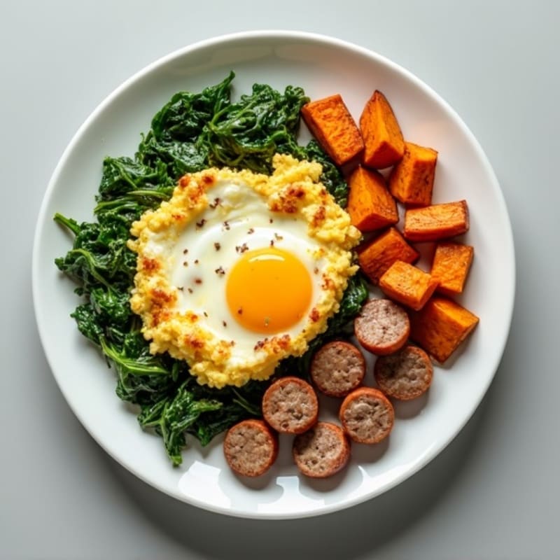 Egg White and Turkey Sausage Scramble with Spinach and Roasted Sweet Potato