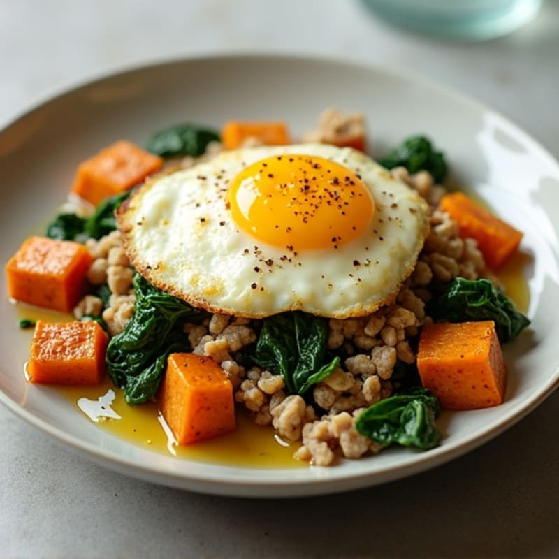 Egg White and Turkey Spinach Scramble with Roasted Sweet Potato