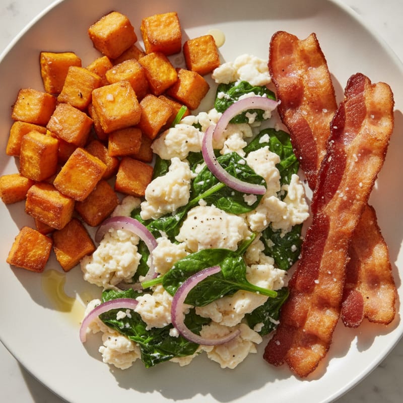 Crispy Turkey Bacon and Egg White Scramble with Roasted Sweet Potatoes