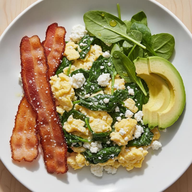 Cottage Cheese Egg Scramble with Sautéed Spinach and Turkey Bacon