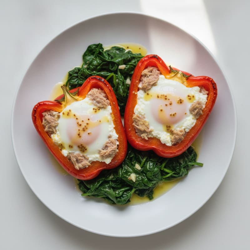 Tuna and Egg Stuffed Bell Peppers with Roasted Spinach