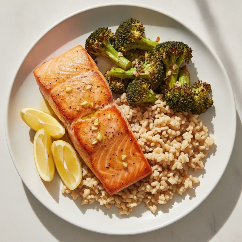 Seared Salmon with Garlic Roasted Broccoli and Brown Rice