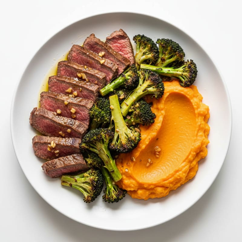 Seared Lean Beef Strips with Roasted Broccoli and Sweet Potato Mash