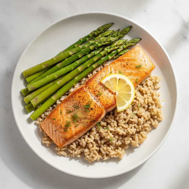 Seared Salmon Fillet with Steamed Asparagus and Brown Rice