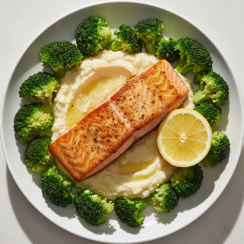 Pan Seared Salmon with Steamed Broccoli and Cauliflower Mash