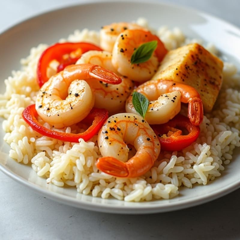 Saffron Seafood with Fluffy Rice and Roasted Bell Peppers