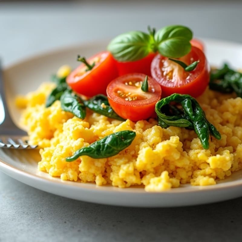 Fluffy Scrambled Eggs with Sautéed Spinach and Cherry Tomatoes