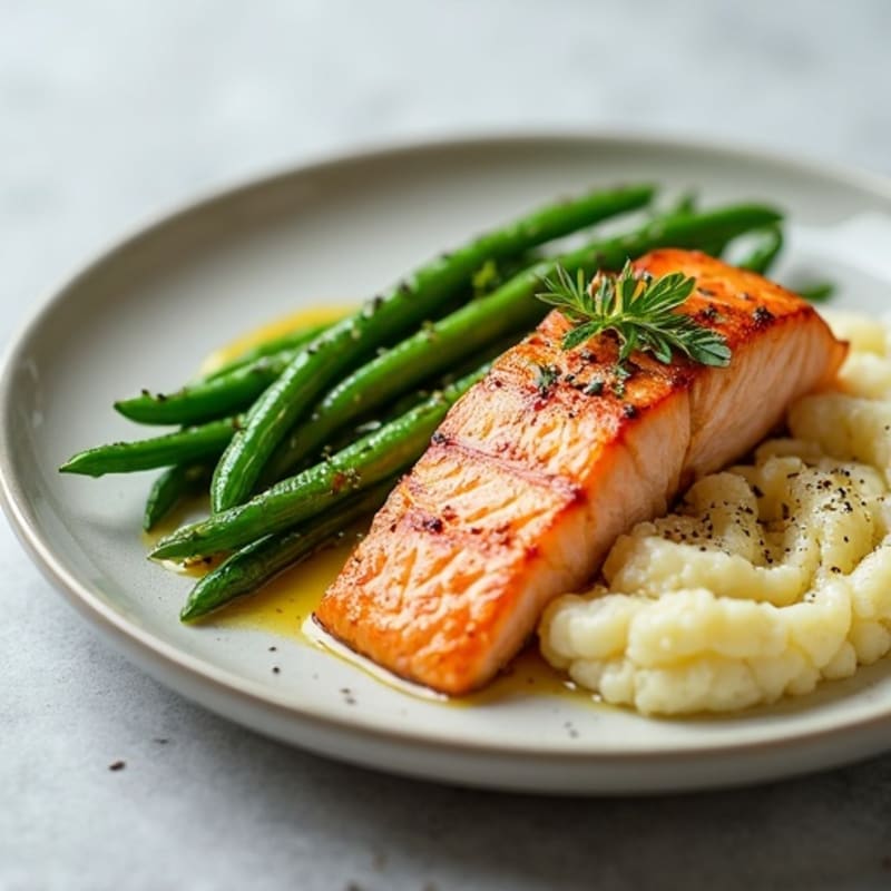 Seared Salmon with Garlic Green Beans and Cauliflower Mash