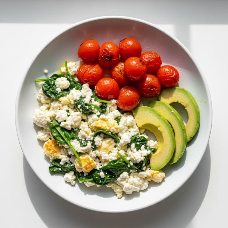 Cottage Cheese Egg White Scramble with Spinach and Cherry Tomatoes