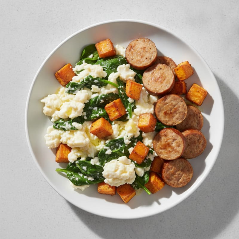 Egg White Scramble with Turkey Sausage and Sautéed Spinach