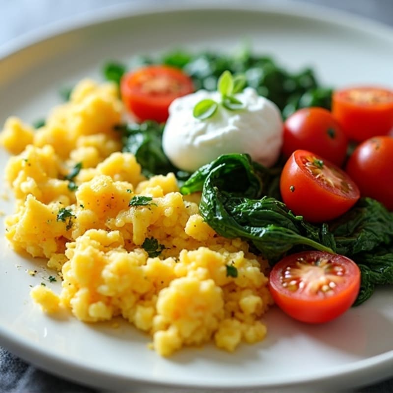 Fluffy Scrambled Eggs with Sautéed Spinach and Cherry Tomatoes