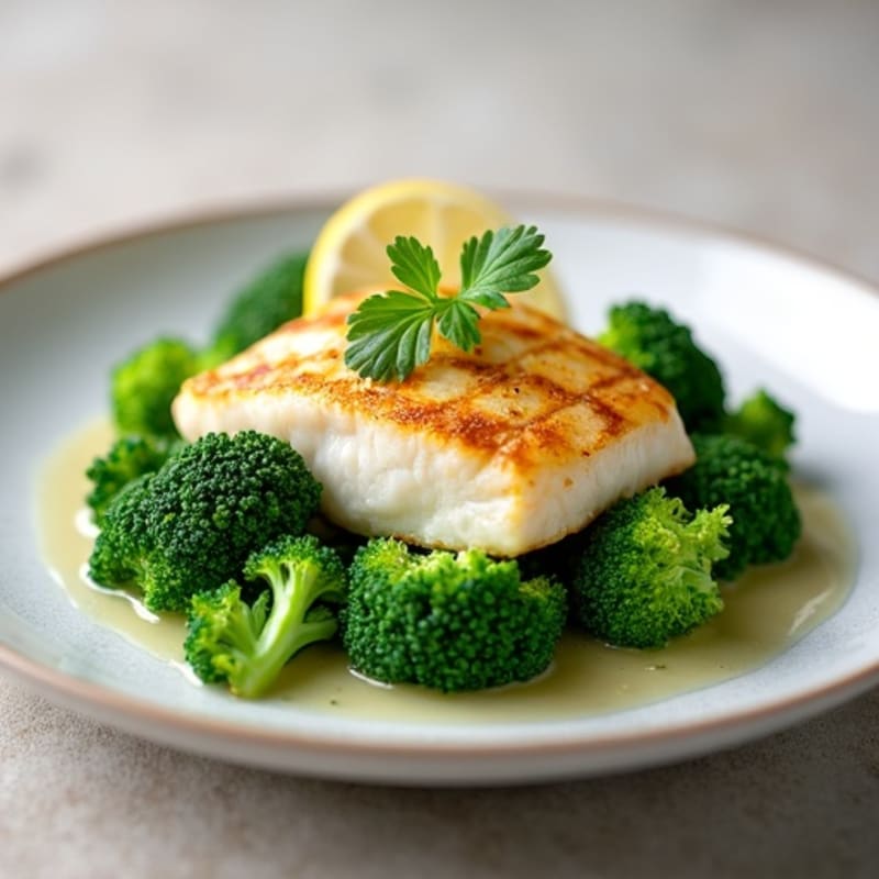 Seared White Fish with Steamed Broccoli and Lemon