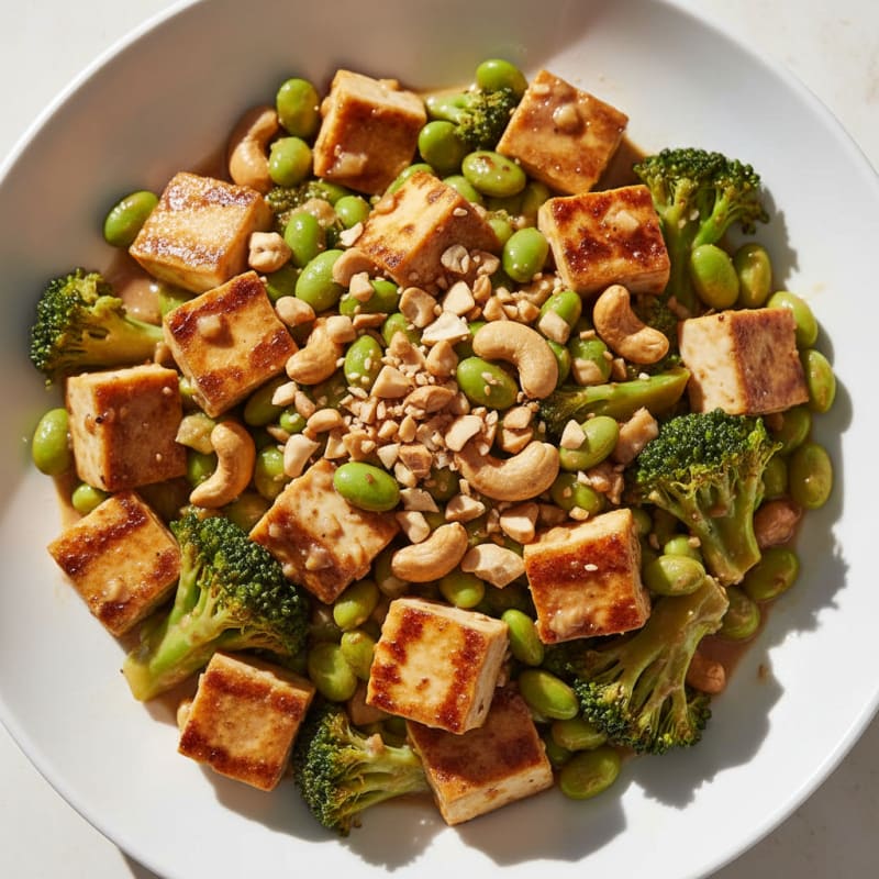 Creamy Tofu and Edamame Stir-Fry with Broccoli and Cashews