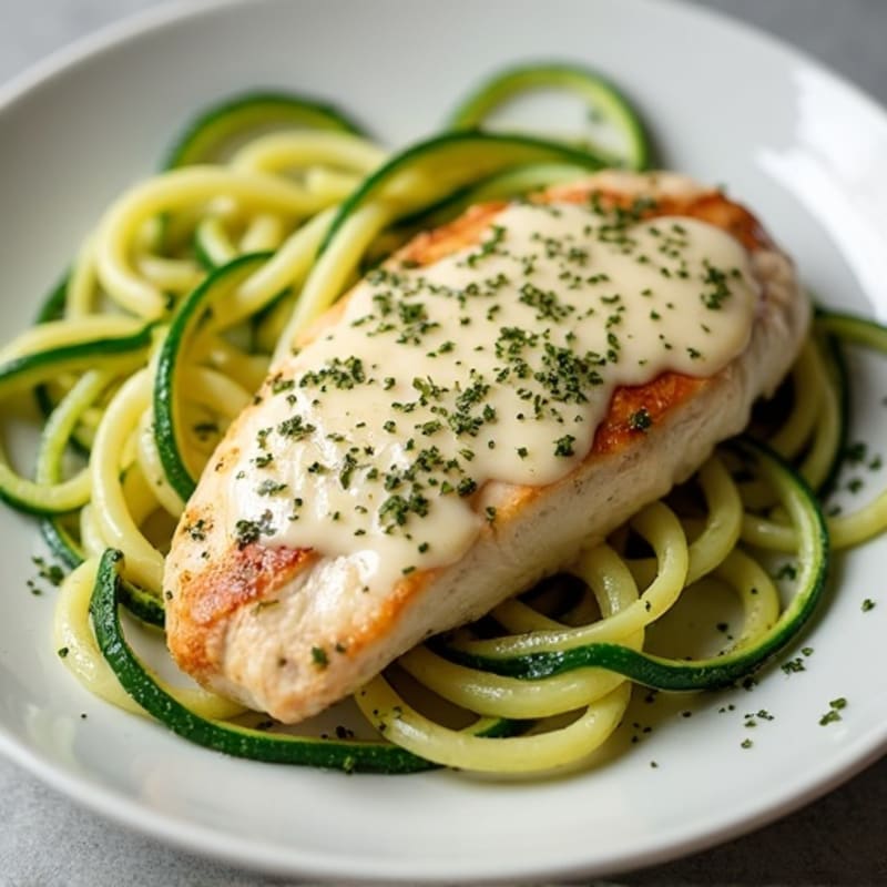 Creamy Cauliflower Alfredo Chicken with Zucchini Noodles
