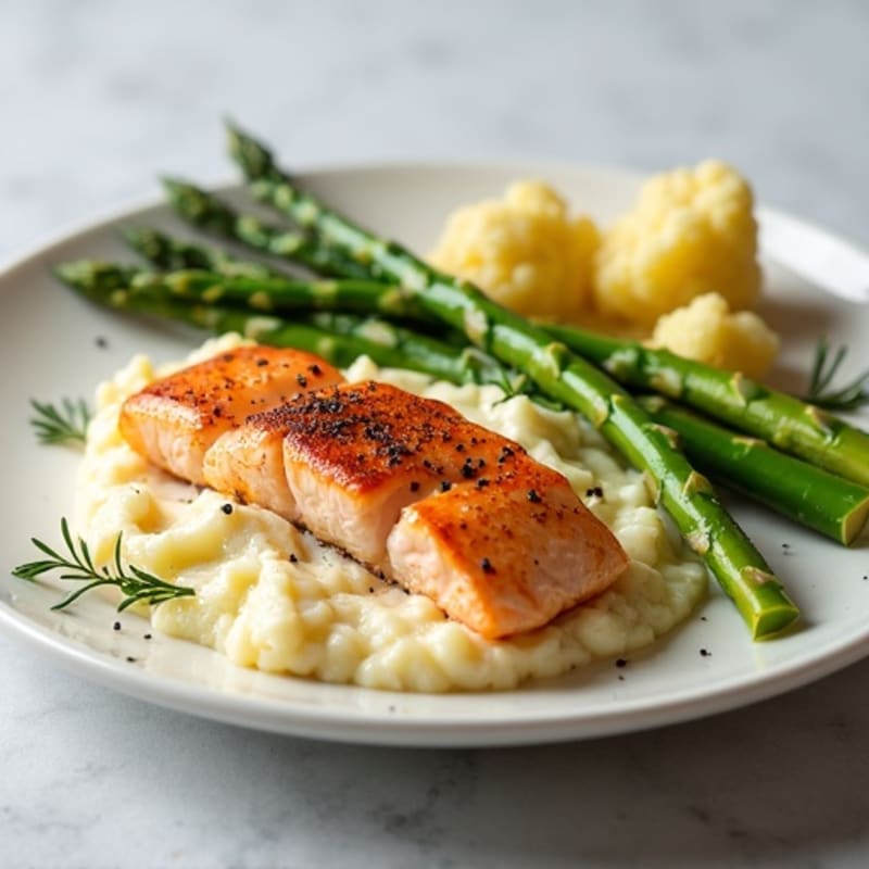 Seared Salmon with Steamed Asparagus and Cauliflower Mash