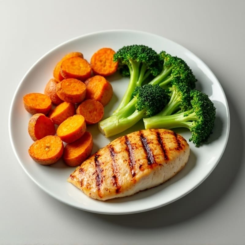 Grilled Chicken Breast with Roasted Sweet Potato and Steamed Broccoli