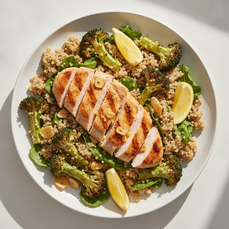 Grilled Chicken Breast Salad with Quinoa and Roasted Broccoli