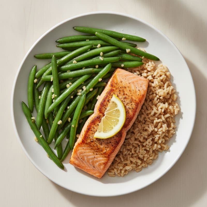 Seared Salmon Fillet with Garlic Green Beans and Brown Rice