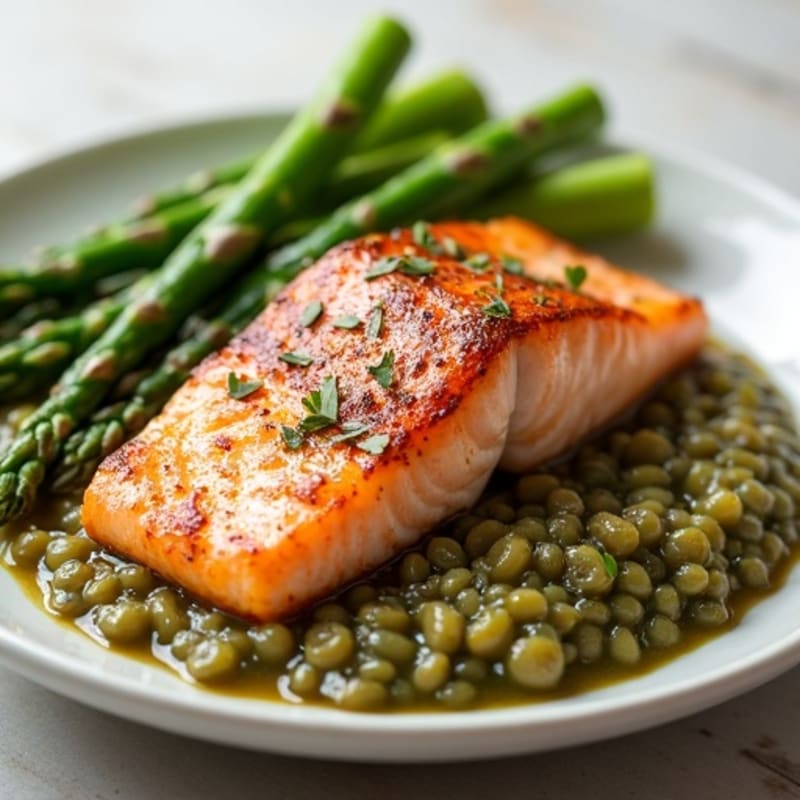 Seared Salmon with Roasted Asparagus and Lentil Mash