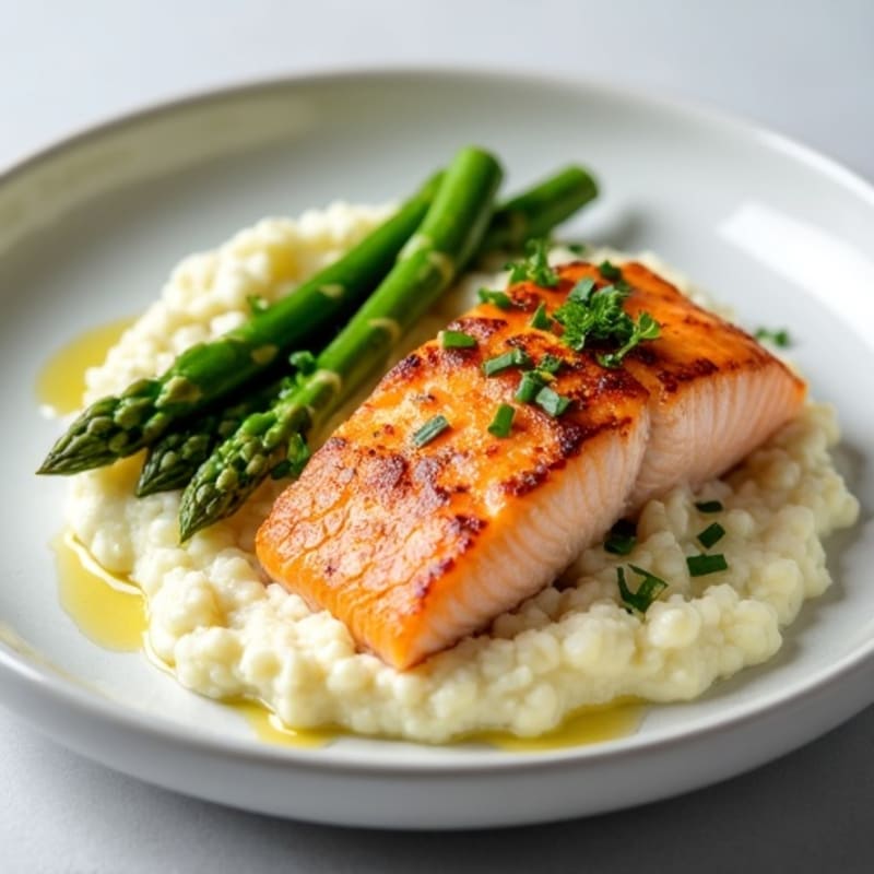 Seared Salmon with Steamed Asparagus and Cauliflower Mash
