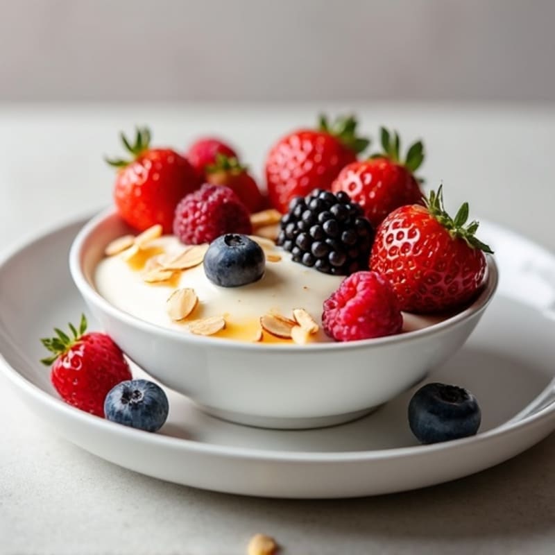 Silky Vanilla Protein Yogurt with Mixed Berries and Almonds