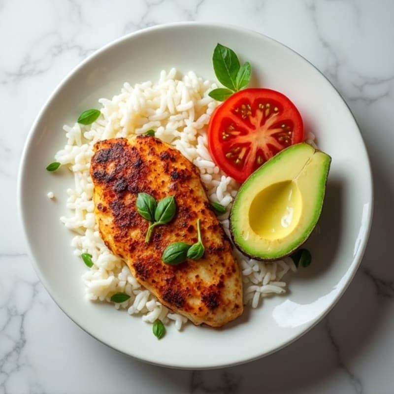 Pan-Seared Chicken with Fluffy White Rice, Creamy Avocado, and Fresh Tomato