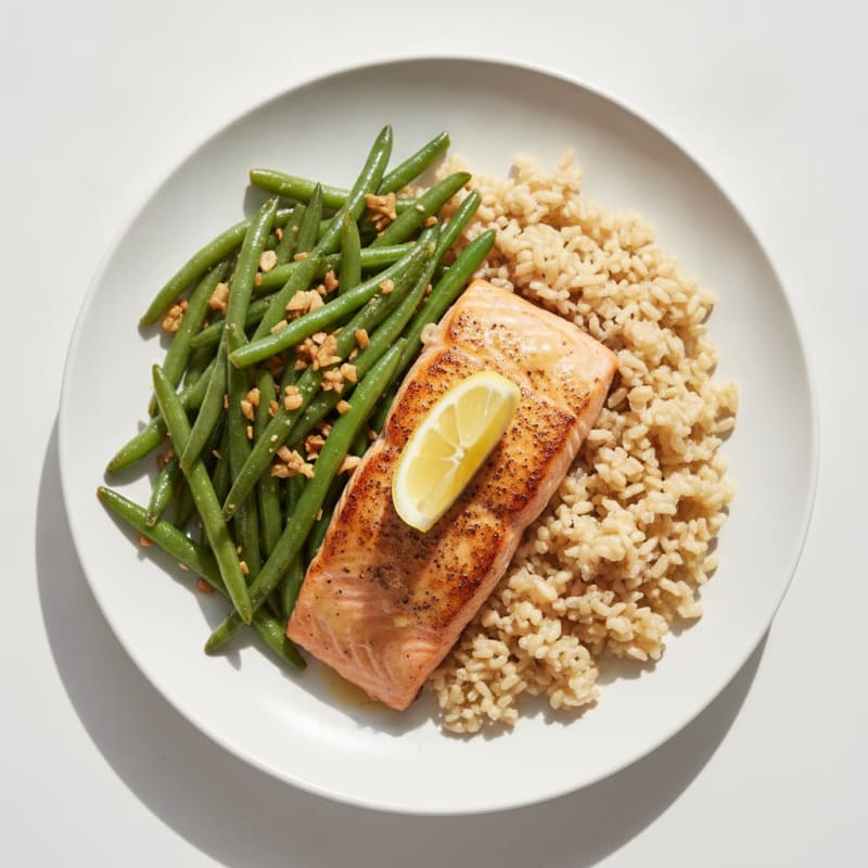 Seared Salmon Fillet with Garlic Green Beans and Brown Rice