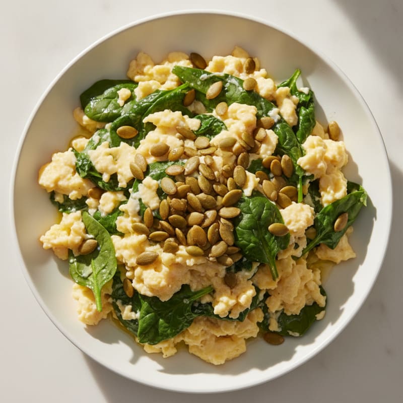 Scrambled Eggs with Baby Spinach and Toasted Pumpkin Seeds