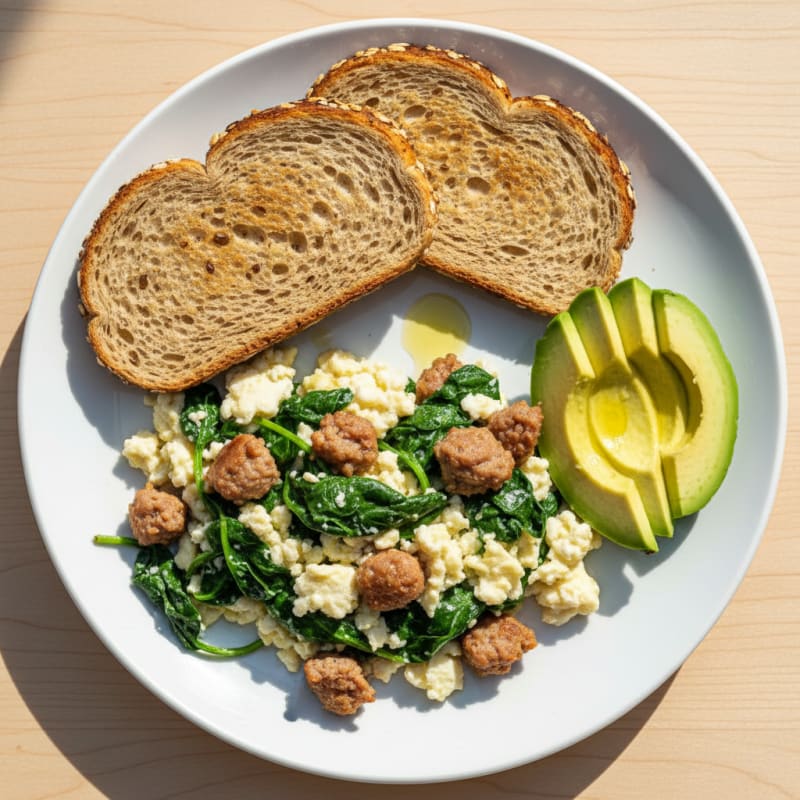 Egg White and Spinach Scramble with Turkey Sausage