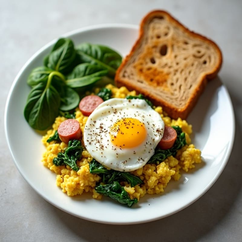 Egg White and Turkey Sausage Scramble with Sautéed Spinach