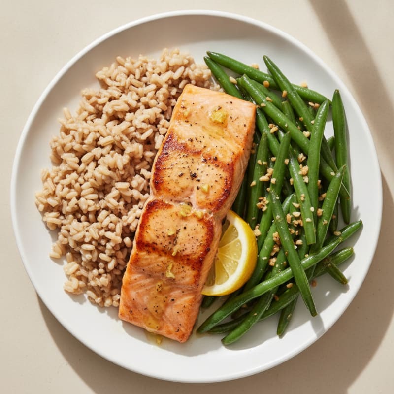 Seared Salmon Fillet with Garlic Green Beans and Brown Rice