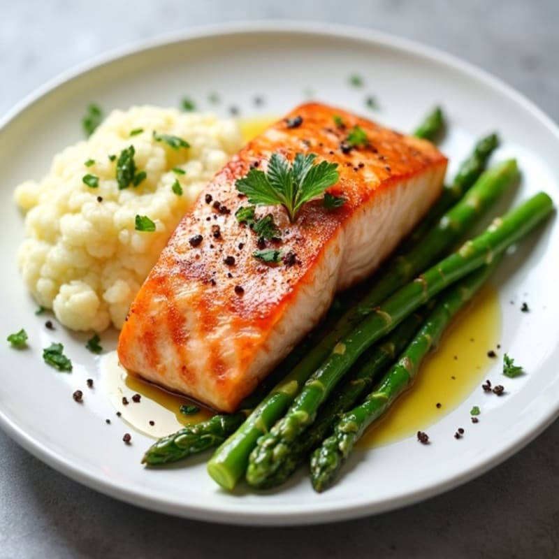 Seared Salmon with Steamed Asparagus and Mashed Cauliflower