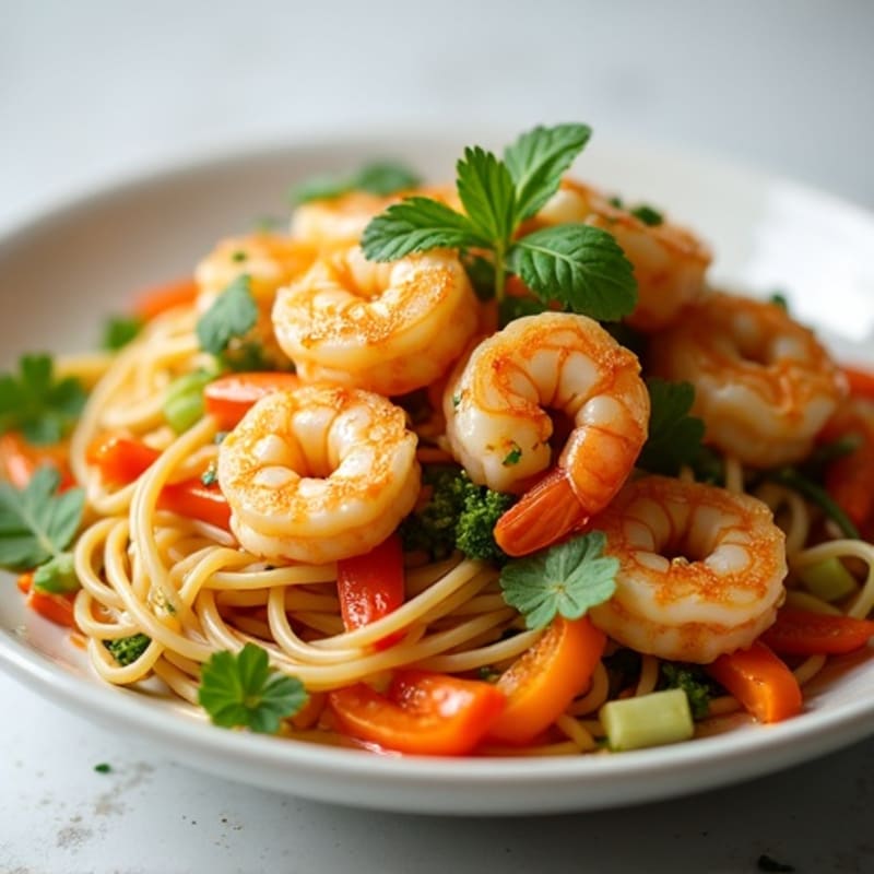 Shrimp and Fresh Vegetable Noodle Stir-fry with Tangy Peanut Dressing