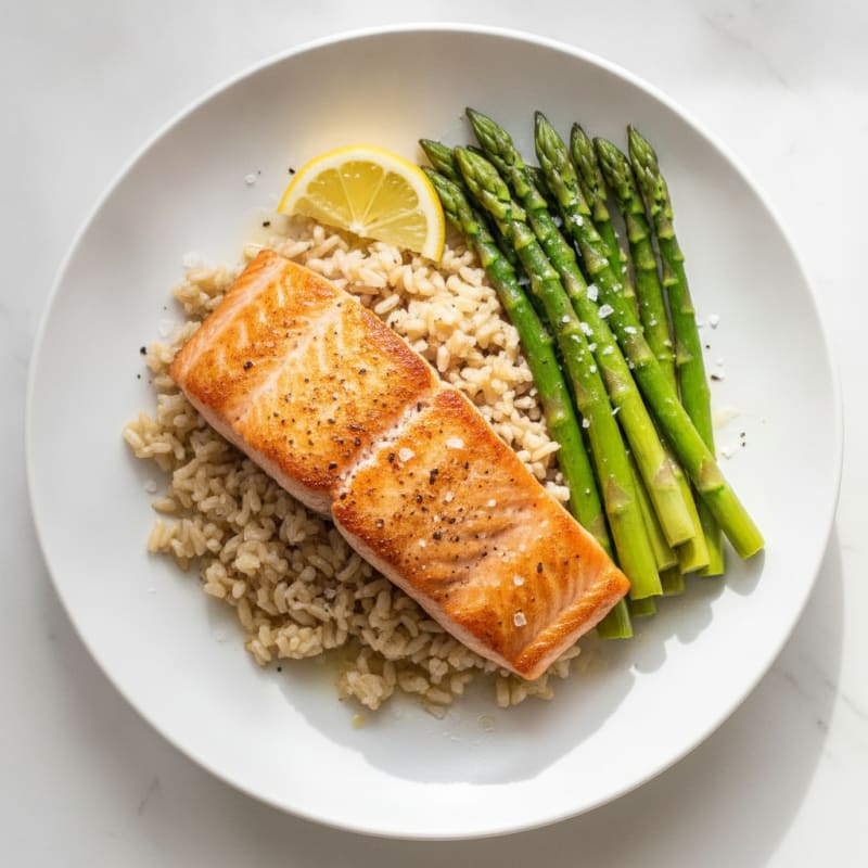Seared Salmon Fillet with Steamed Asparagus and Brown Rice