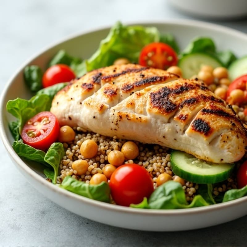 Grilled Chicken Breast Salad with Quinoa and Roasted Chickpeas