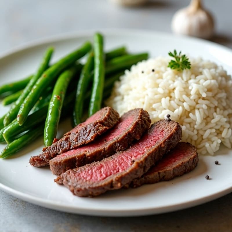 Seared Lean Beef with Garlic Green Beans and Steamed Rice
