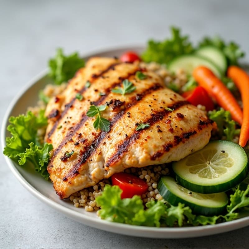 Grilled Chicken Breast and Quinoa Salad with Crunchy Vegetables