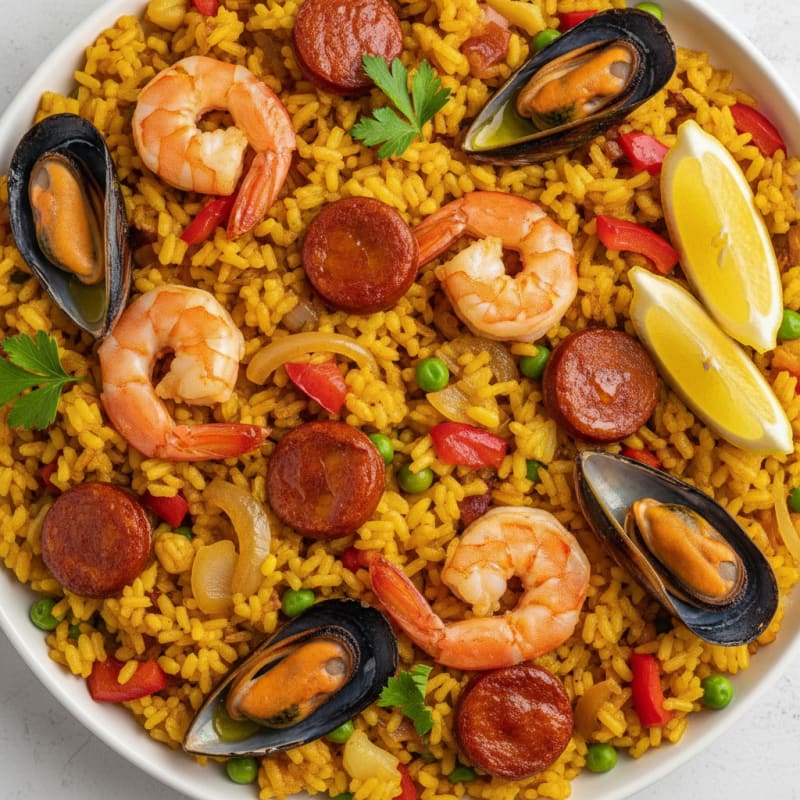 Saffron Seafood Paella with Chorizo