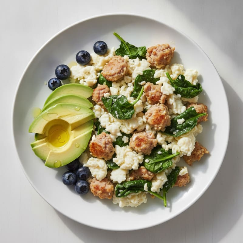 Scrambled Egg Whites with Turkey Sausage and Sautéed Spinach