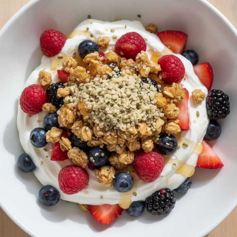 Creamy Greek Yogurt Parfait with Mixed Berries and Hemp Seeds