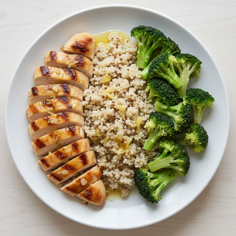 Grilled Lemon-Garlic Chicken Breast with Quinoa and Steamed Broccoli