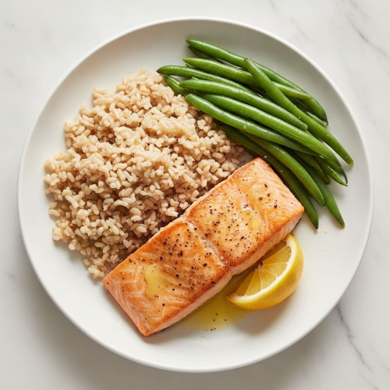 Seared Salmon with Steamed Green Beans and Brown Rice