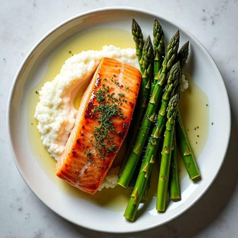 Seared Salmon with Steamed Asparagus and Cauliflower Mash