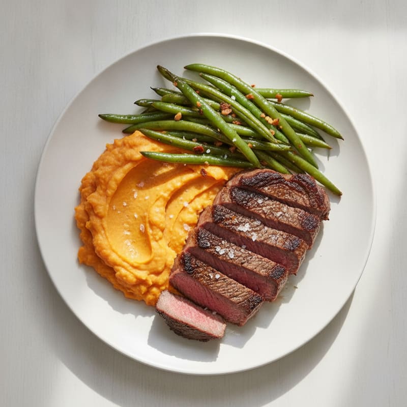 Seared Steak with Garlic Green Beans and Sweet Potato Mash
