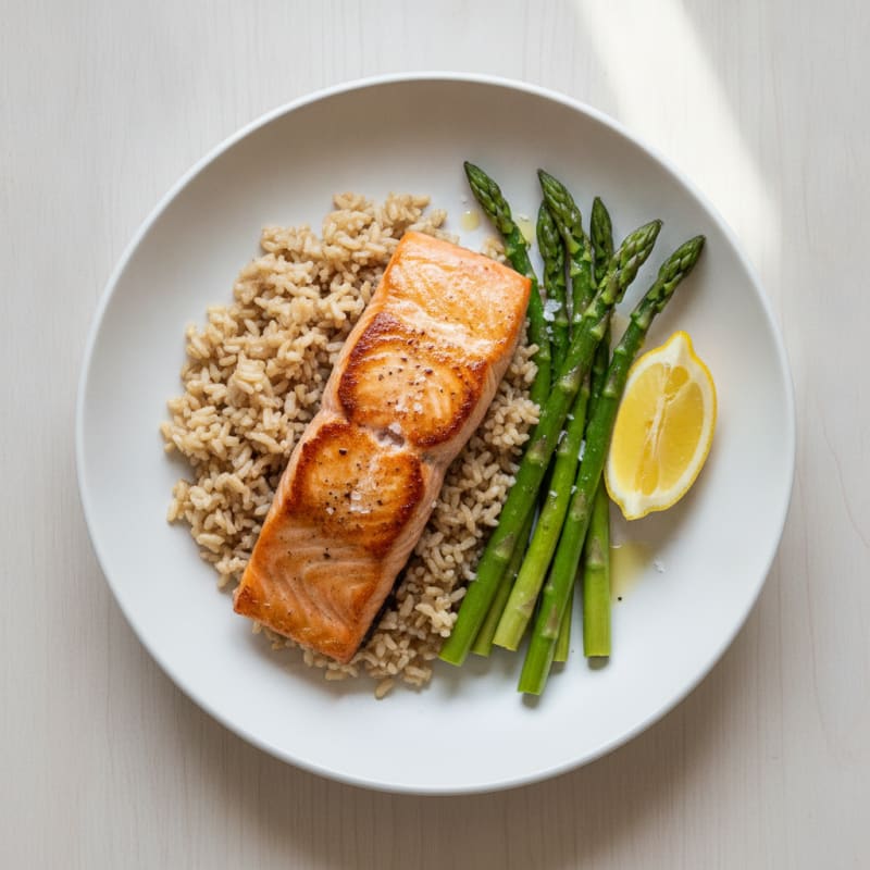 Seared Salmon with Steamed Asparagus and Brown Rice