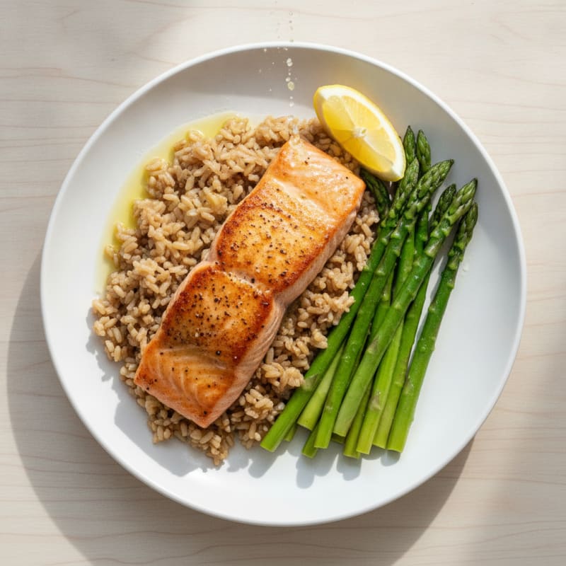Seared Salmon Fillet with Steamed Asparagus and Brown Rice