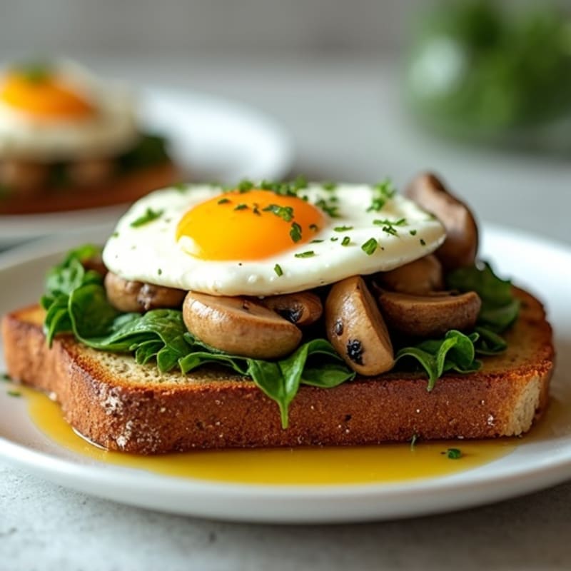 Hearty Whole Grain Toast with Sautéed Garlic Mushrooms, Spinach, and Poached Eggs